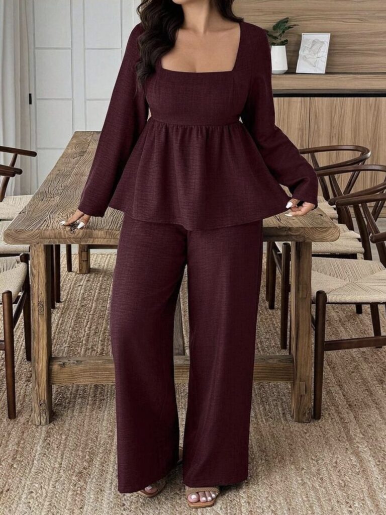 If your shoulders, waist, and hips have similar measurements, create the illusion of curves with peplum tops, layered designs, printed fabrics, or belted co-ord sets. Wide-leg trousers also add movement and dimension.