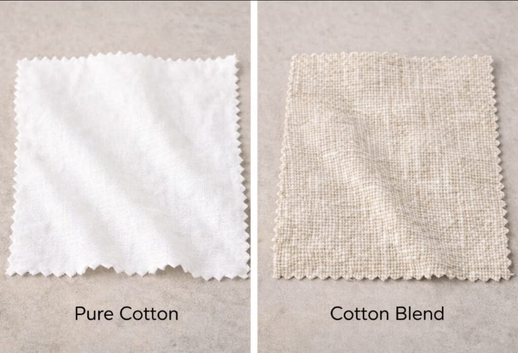 Comparing the texture of pure cotton and cotton blend fabric.