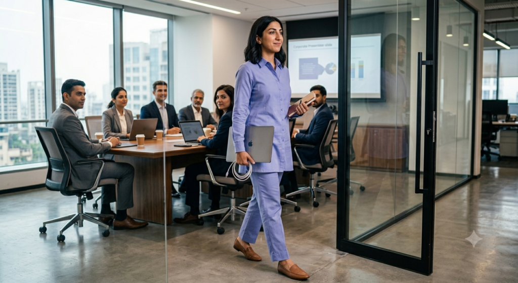 "A confident professional woman wearing a solid pastel cotton co-ord set walks into a modern meeting room carrying a laptop, showcasing elegant, comfortable office wear for working women."