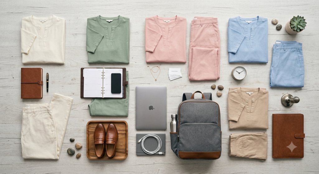 "Flat lay of beige, ivory, sage green, blush pink, and light blue cotton outfits arranged with office accessories, including a laptop, notebook, handbag, and sunglasses, showcasing elegant and breathable workwear for women."