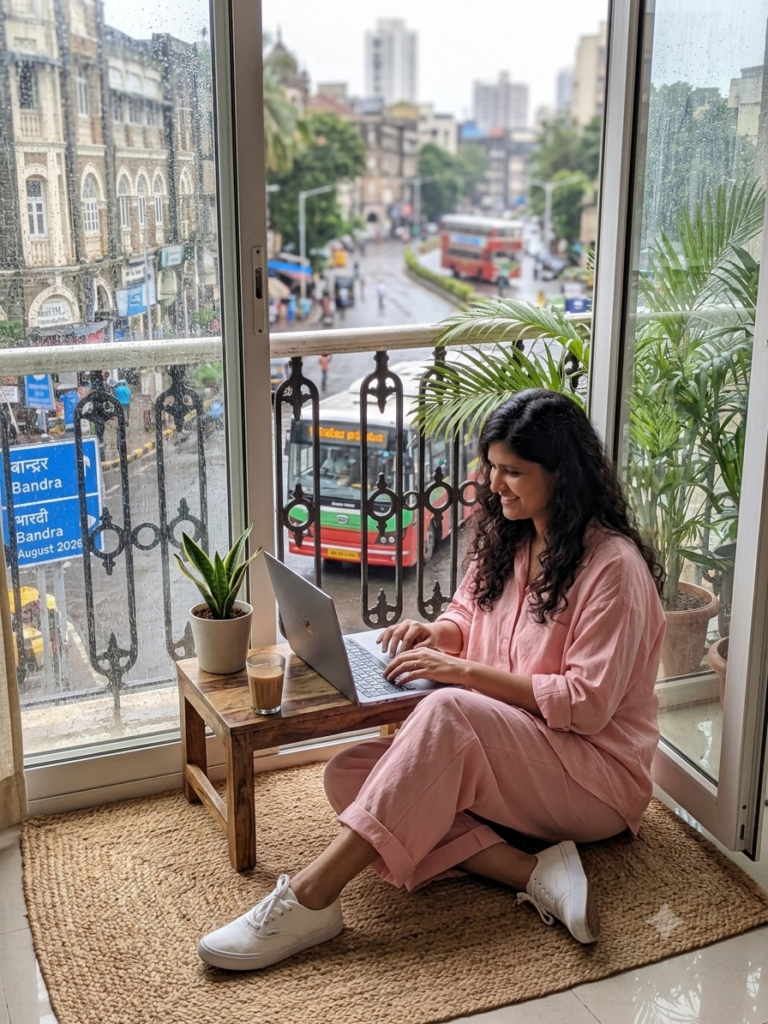 "A woman working on a laptop while wearing a relaxed cotton co-ord set with sneakers, creating a comfortable yet professional look ideal for remote work, casual office days, and all-day wear."