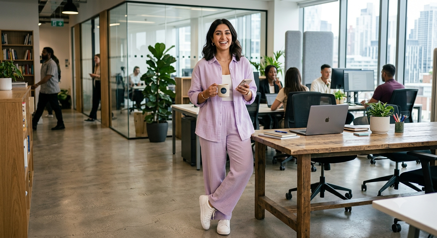 • Woman wearing pastel cotton co-ord set in office