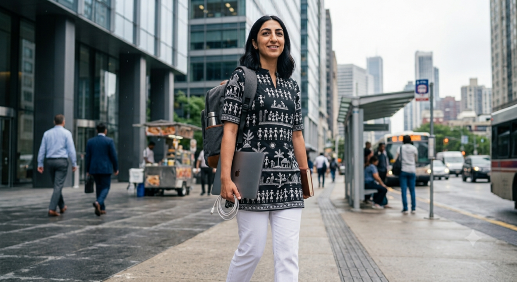 "A woman commuting with a backpack while wearing a breathable cotton short kurti and straight-fit trousers, offering a comfortable, stylish look for everyday office travel and casual workwear."