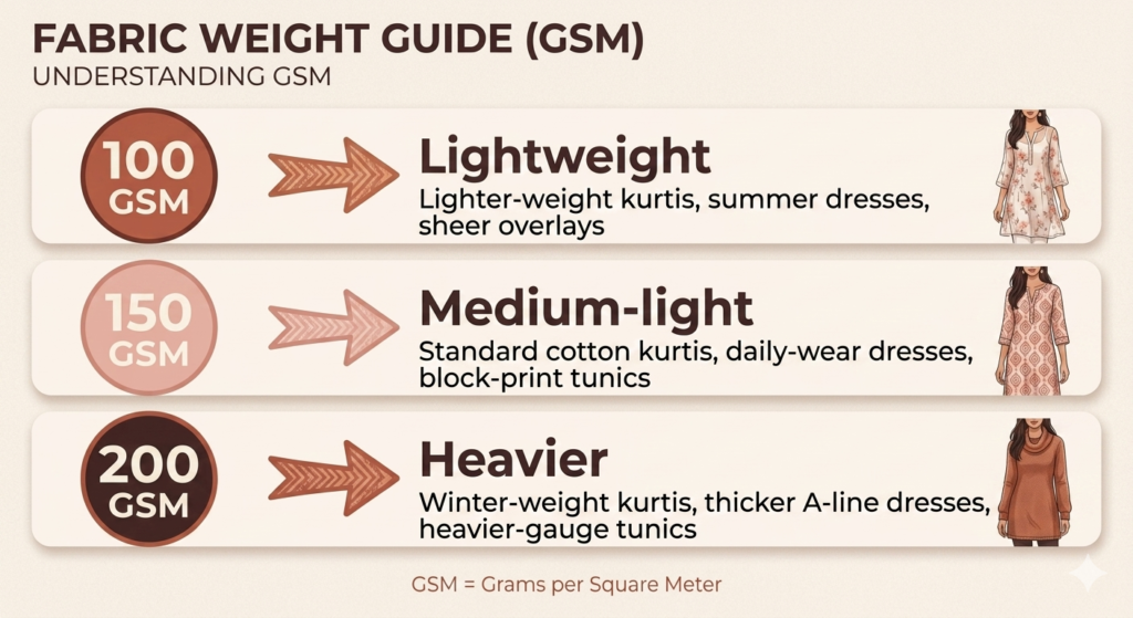 An infographic guide explaining fabric weight (GSM) with examples for women's kurtis and dresses, broken down into lightweight (100 GSM), medium-light (150 GSM), and heavier (200 GSM) categories.