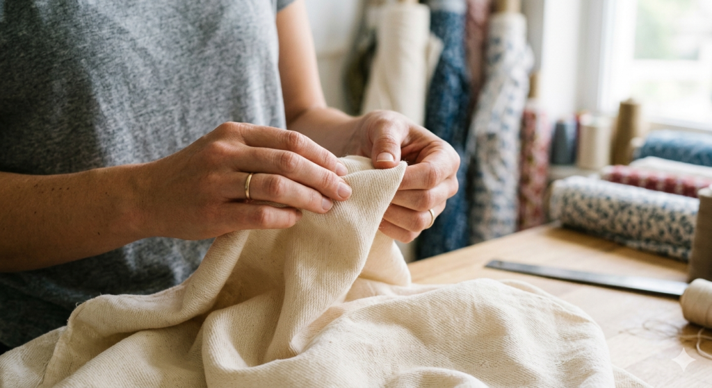 A person's hands gently touching and examining a textured, natural cream-colored cotton fabric in a brightly lit textile studio or workshop.
