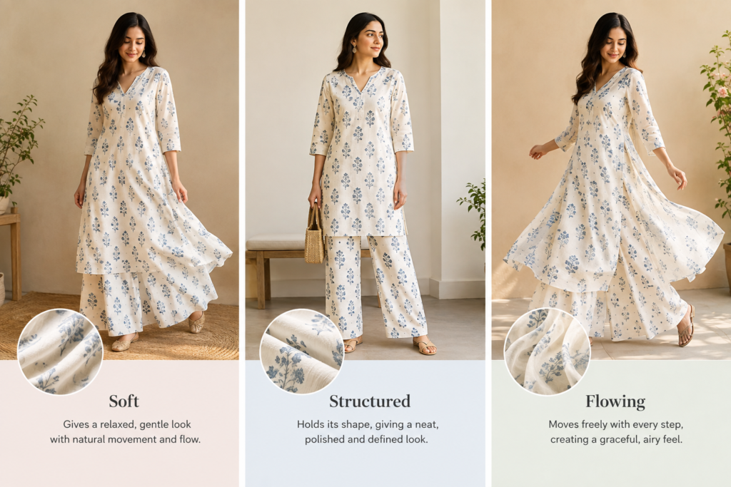 Three-panel comparison of soft, structured and flowing cotton fabric styles